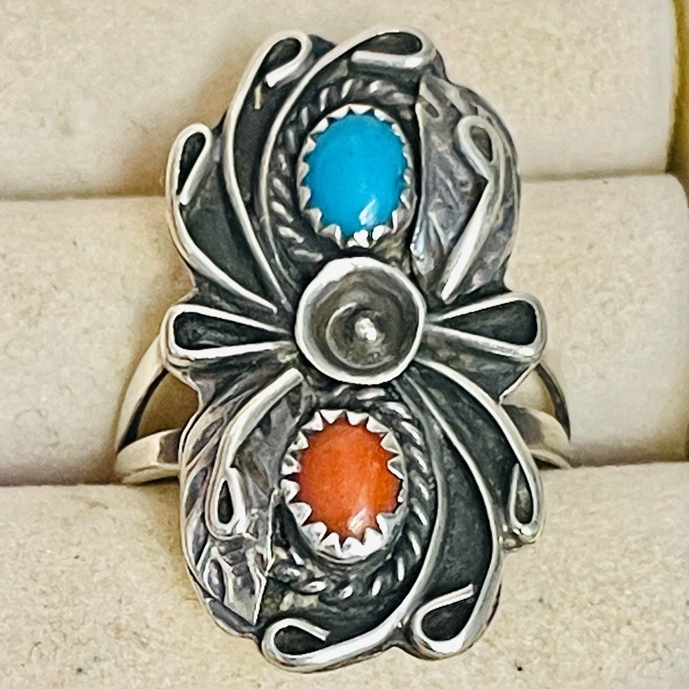 VTG Turquoise Red coral Navajo Native American sterling silver ring size 9.75